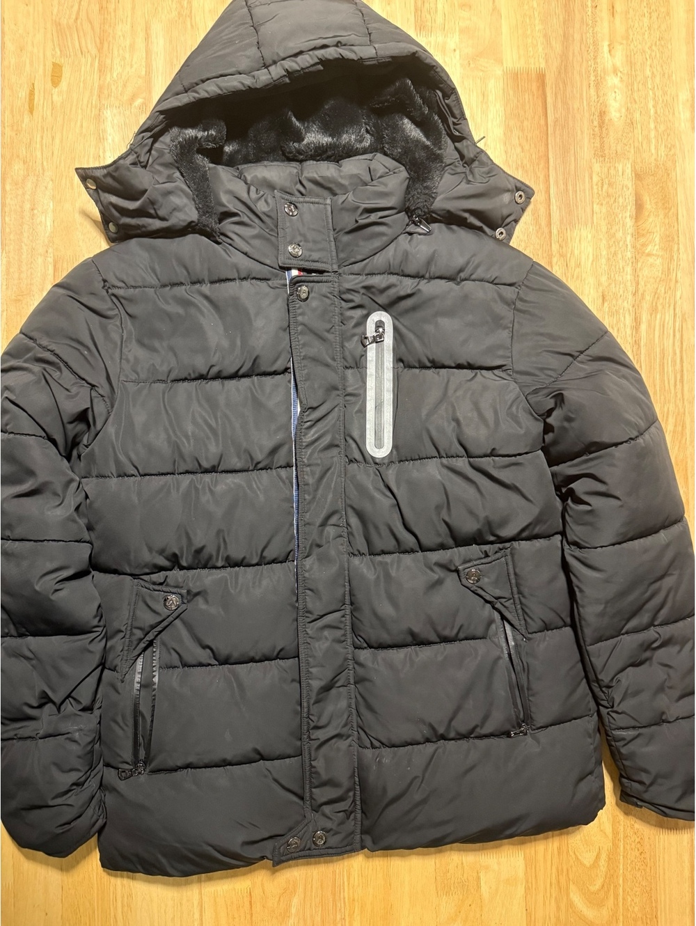 Spire Men’s Medium Black Water-Resistant Puffer Winter Coat Faux Fur Hood